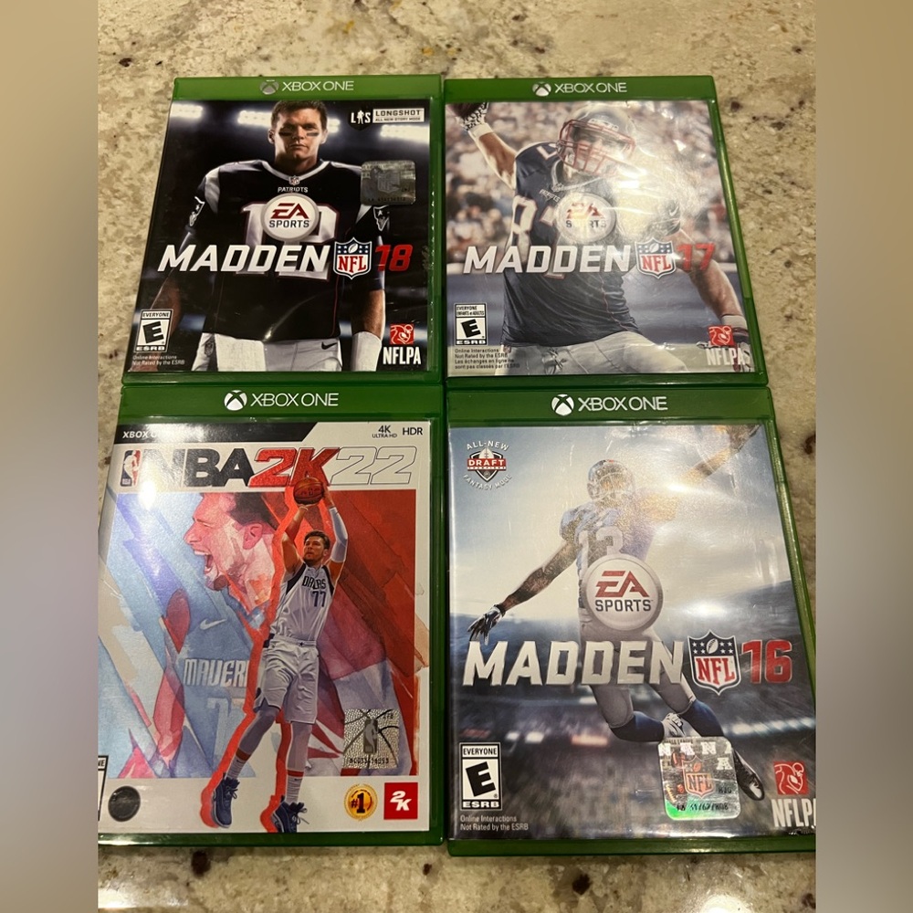 Xbox one games includes Madden 18, Madden 17, Madden 16, and NBA 2K22.